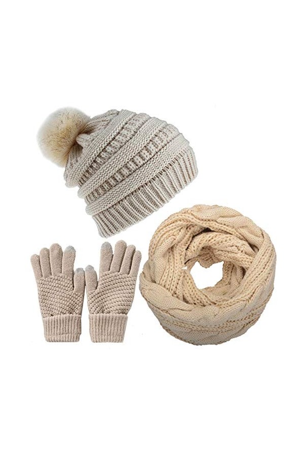 CheChury Femme Hiver Tricotés Bonnet Écharpe et Gants Écran Tactile Ensemble Composé dune Loop Écharpe dun Bonnet et de Gan