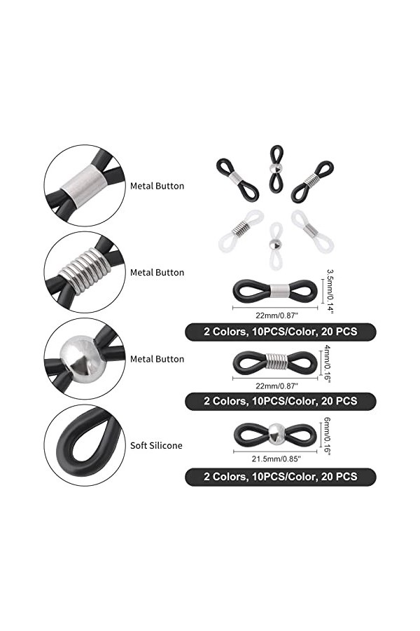 AHANDMAKER 60 pièces Embouts de chaîne pour Lunettes, Embouts de Support de Courroie de chaîne Ajustables, Clip en Caoutchouc