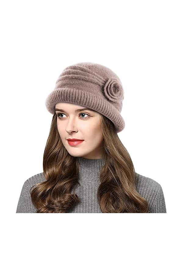 Wantonfy Bonnet pour femme double couche en polaire - hiver en tricot côtelé - Bonnet français tressé au crochet - Chic - Lég
