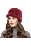 Wantonfy Bonnet pour femme double couche en polaire - hiver en tricot côtelé - Bonnet français tressé au crochet - Chic - Lég