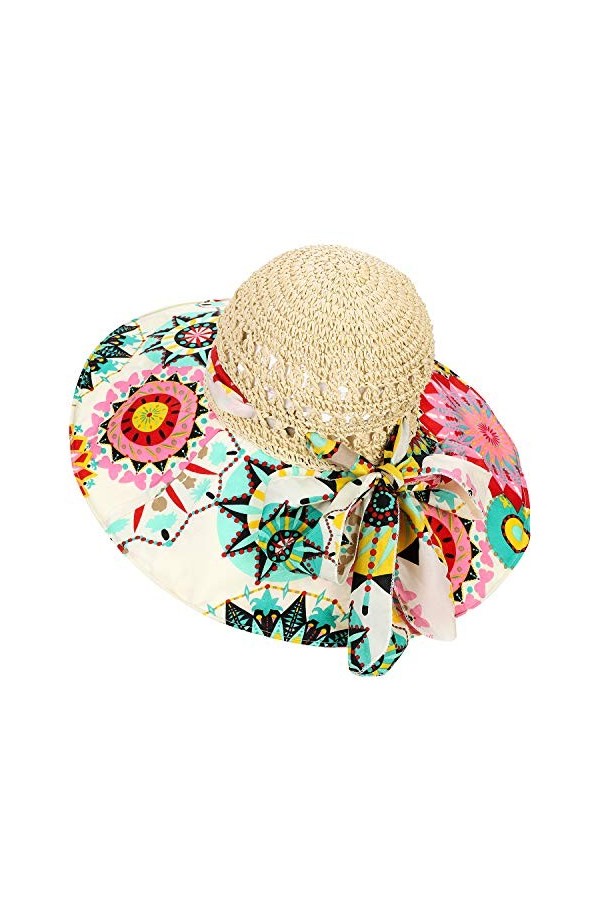 Femme Chapeau de Paille Pliable Chapeau de Soleil Plage Large Bord UPF 50+ Chapeau de Panama Élégant Chic Capeline Dété Anti