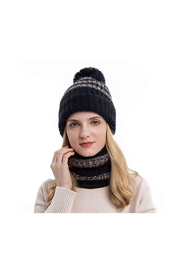 Adicloz Bonnet Echarpe Femme Hiver, Laine Bonnet Femme Hiver Pompom, Cache Cou Polaire Hiver Chaud, Doublure Molleton Doux Ch