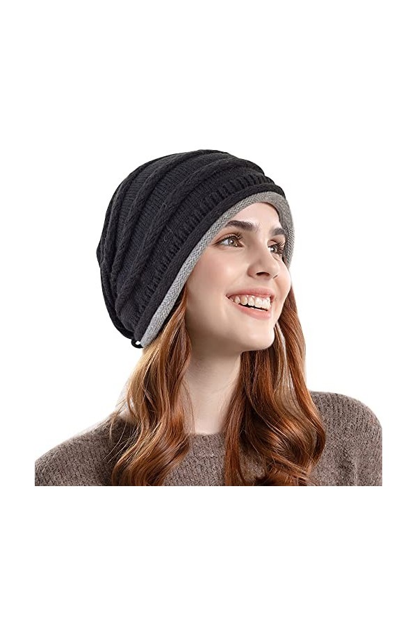 QKEPCY Bonnet Femme Hiver Bonnet en Tricot Doux et épais Basic Bonnet Beanie dhiver Chaud Slouch Bonnet Noir Longs Casquette