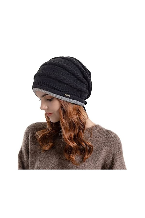 QKEPCY Bonnet Femme Hiver Bonnet en Tricot Doux et épais Basic Bonnet Beanie dhiver Chaud Slouch Bonnet Noir Longs Casquette