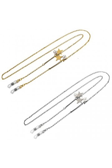 DNLKWGO Lot de 2 chaînes de lunettes de soleil décorées avec pentagrammes et perles - Qualité supérieure - Pour femme, Argent