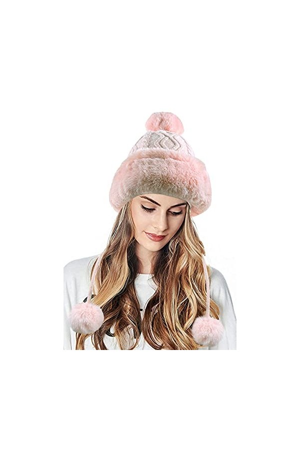 JFAN Femme Laine Mohair Bonnet Tricotée Polaire Pom Pom dhiver Doux Ski Multicolore Mode Chaud Doublure Chapeau Rose Taille 