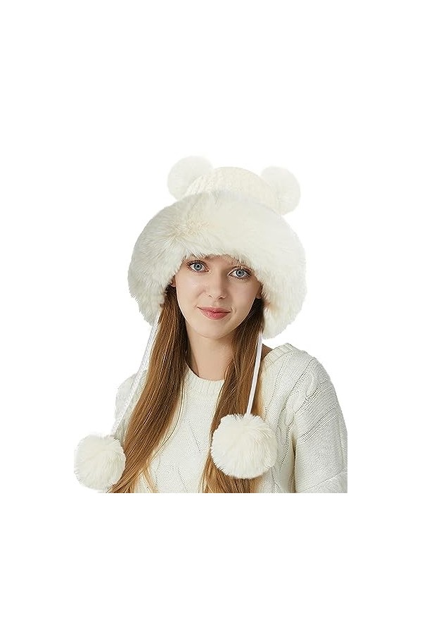 JFAN Femme Laine Mohair Bonnet Tricotée Polaire Pom Pom dhiver Doux Ski Multicolore Mode Chaud Doublure Chapeau Rose Taille 