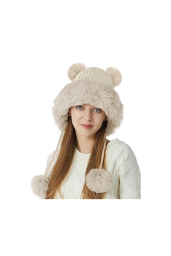 JFAN Femme Laine Mohair Bonnet Tricotée Polaire Pom Pom dhiver Doux Ski Multicolore Mode Chaud Doublure Chapeau Rose Taille 