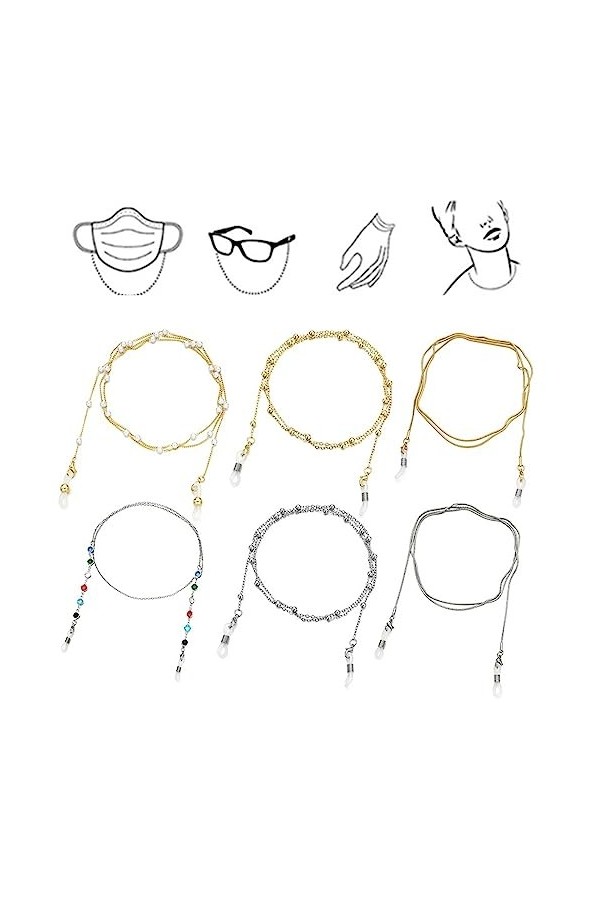 HczIon Chaîne Lunettes Lot De 6 Lunettes De Soleil Chaîne De Lunettes De Cordon Femme Chaîne Lunettes Perlées Avec Support Co