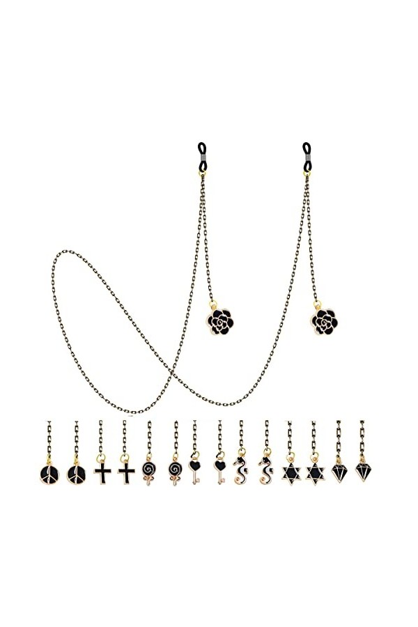 DNLKWGO Lot de 8 chaînes de lunettes de soleil pour femme avec pendentif chaîne de lunettes de lecture, Noir , taille unique