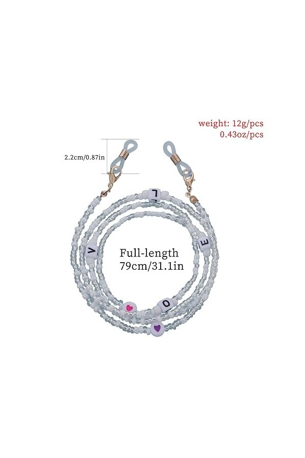 Chaîne De Lunettes Chaîne De Lunettes DAmour Avec Alphabet Anglais Pour Femmes, 5 Pièces, Perles Blanches DAmour