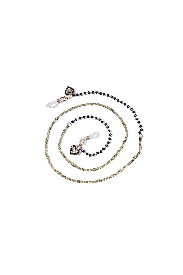 LEFEDA Lot de 2 sangles de lunettes en forme de cœur noir avec chaîne en métal pour lunettes de soleil, sans couleur, taille 