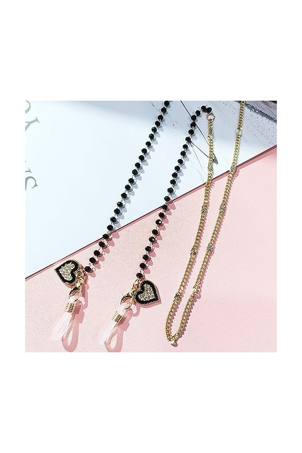 LEFEDA Lot de 2 sangles de lunettes en forme de cœur noir avec chaîne en métal pour lunettes de soleil, sans couleur, taille 