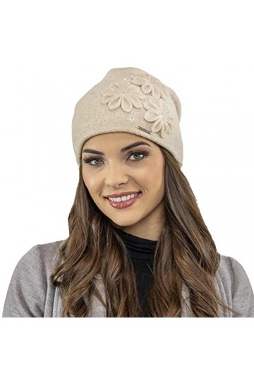 VIVISENCE Bonnet Élégant Et À La Mode Fleur Appliquée 7053, Fabriqué en UE, Beige,UNI
