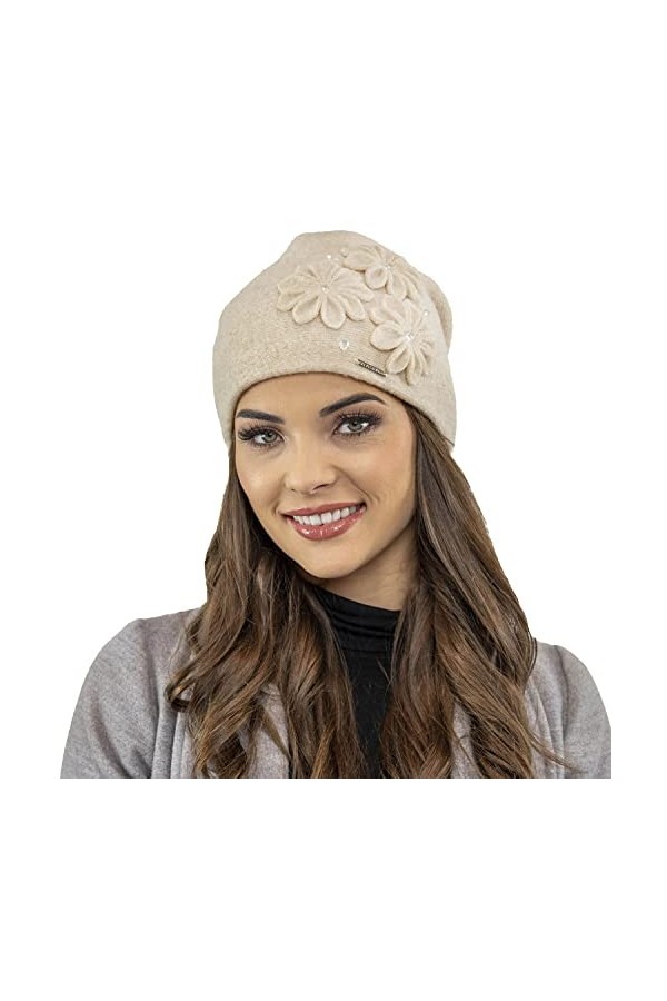 VIVISENCE Bonnet Élégant Et À La Mode Fleur Appliquée 7053, Fabriqué en UE, Beige,UNI