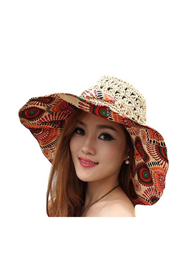 TININNA Mode Bohemia Floral Chapeau de Paille Bord Large Plage Capeline Anti-UV Casquette De Soleil Pare-Soleil Hat pour Femm