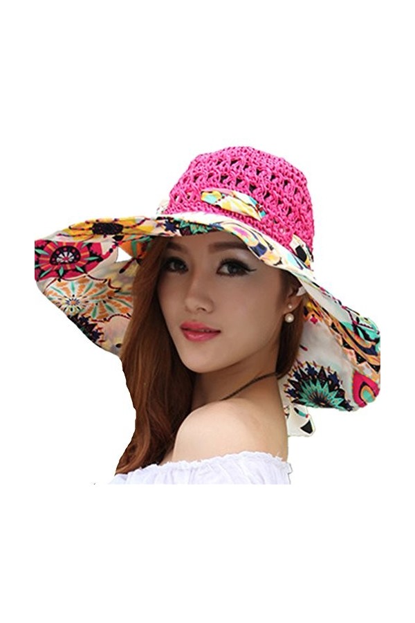 TININNA Mode Bohemia Floral Chapeau de Paille Bord Large Plage Capeline Anti-UV Casquette De Soleil Pare-Soleil Hat pour Femm