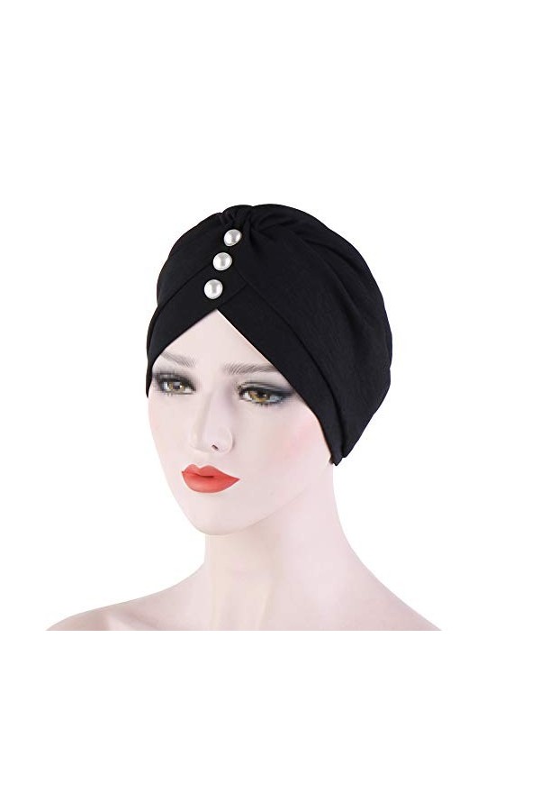 TININNA Bonnet Turban Femme Front Croisé Stretch en Coton et Bambou avec Perle Bonnet de Nuit Chapeaux Bandeau Chimio Mode Mu