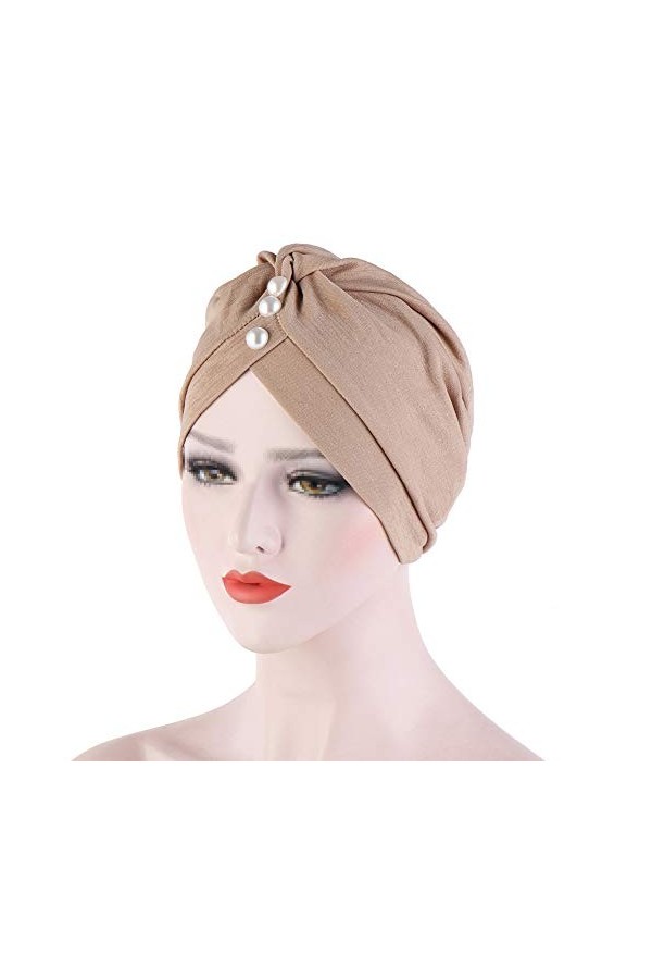 TININNA Bonnet Turban Femme Front Croisé Stretch en Coton et Bambou avec Perle Bonnet de Nuit Chapeaux Bandeau Chimio Mode Mu