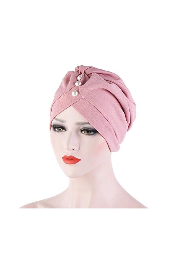 TININNA Bonnet Turban Femme Front Croisé Stretch en Coton et Bambou avec Perle Bonnet de Nuit Chapeaux Bandeau Chimio Mode Mu