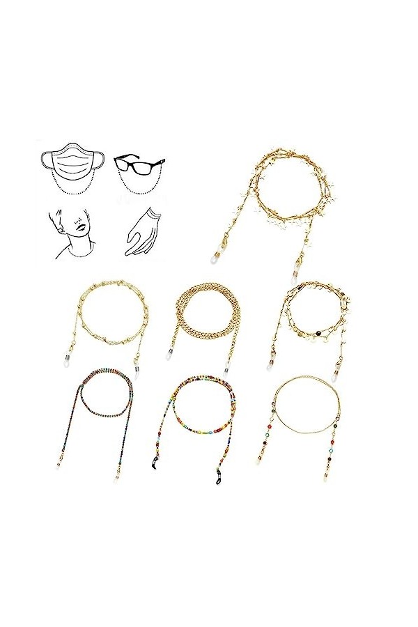 Chaîne Lunettes Ensemble De 7 Pièces De Chaînes De Lunettes De Lecture De Cordon Colliers De Licou En Or Pour Hommes Et Femme