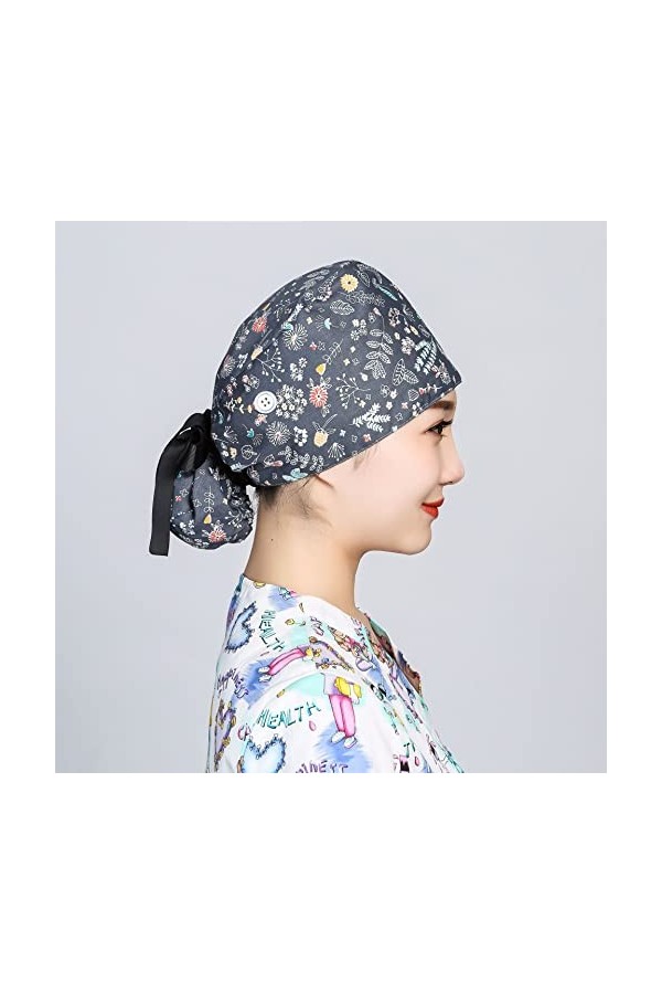 Ousyaah Chapeau de Travail avec Boutons Unisexe Infirmière Bonnet Chirurgical Tissu Turban Chimio Coton pour Homme Femme, Cas