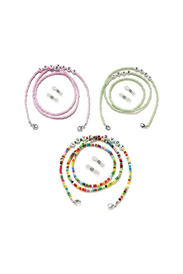 UYUME Chaîne de lunettes, Chaîne de lunettes de soleil en perles arc-en-ciel, 3 pièces, porte-sangle multicolore, chaîne de r