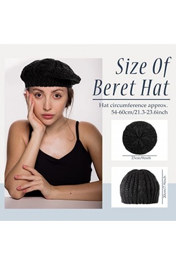 Béret Tricoté Femme Béret Tressé Bouffant Noir Chapeau Béret au Crochet Bonnet Trapu Ample dhiver Casquette de Ski Chaud