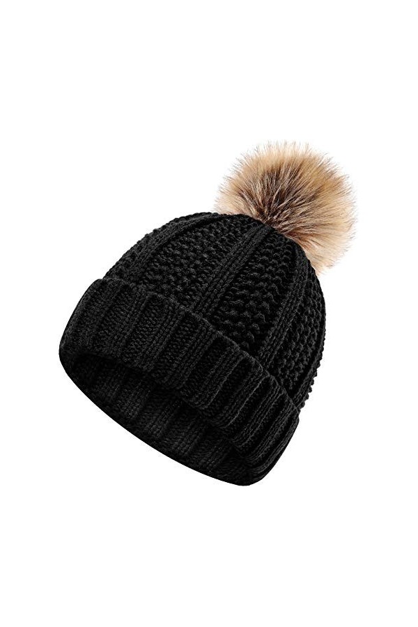Syhood Bonnet Tricoté dhiver pour Femmes avec Pompon en Fourrure Noir 