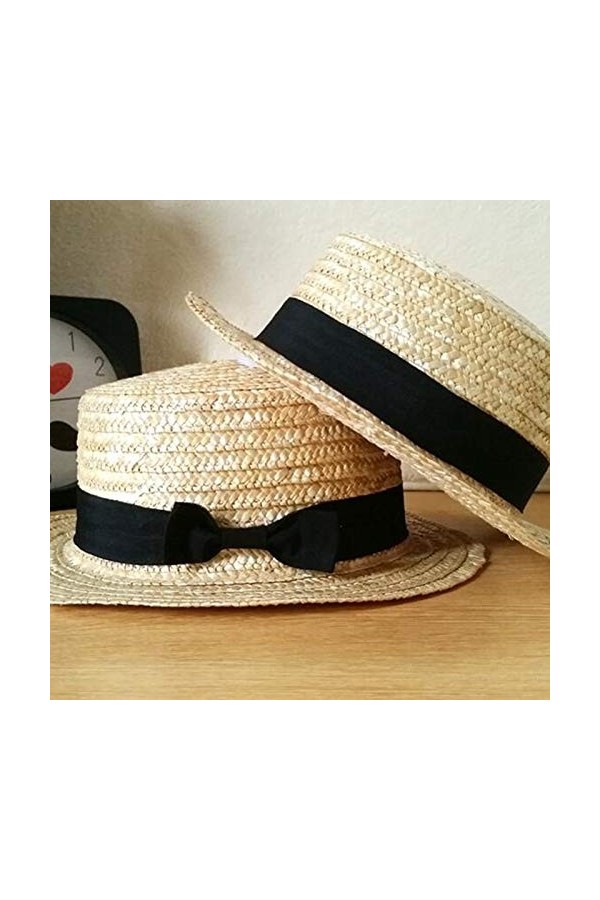 CUHAWUDBA Chapeau de Paille Mignon Enfant Filles Chapeau de Soleil N?ud à Boucles Des Bord Dété Canotier Chapeau Fedora à de