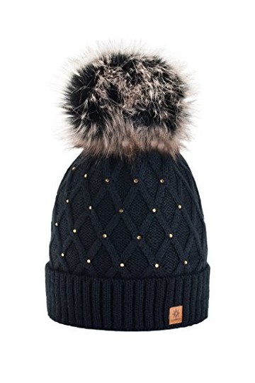 morefaz Femme Beanie Cristaux Chapeau Hat Crystal Grande pom pom Bonnet dhiver chaud doublure polaire Black MFAZ Ltd