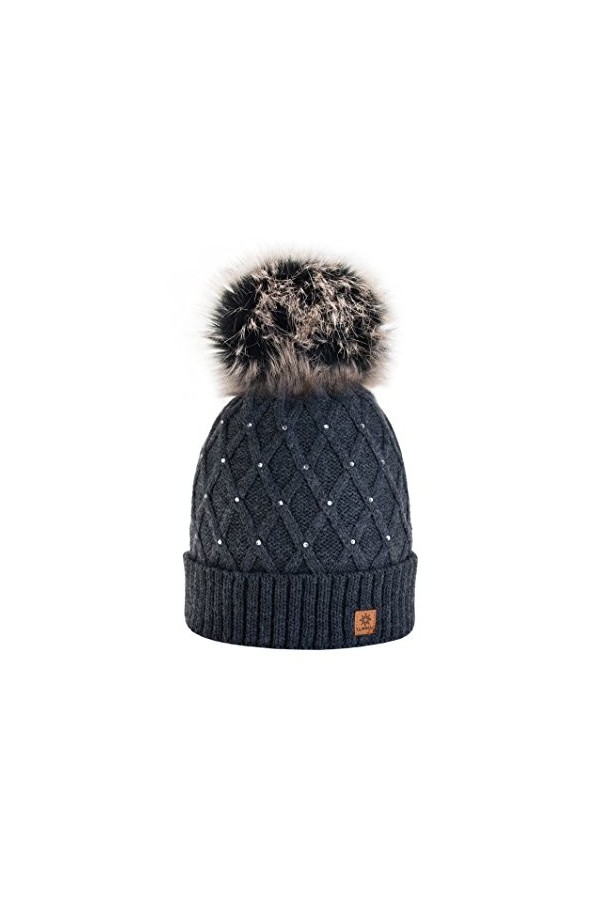 morefaz Femme Beanie Cristaux Chapeau Hat Crystal Grande pom pom Bonnet dhiver chaud doublure polaire Black MFAZ Ltd