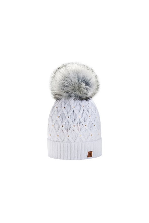 morefaz Femme Beanie Cristaux Chapeau Hat Crystal Grande pom pom Bonnet dhiver chaud doublure polaire Black MFAZ Ltd