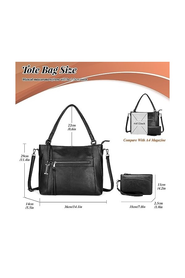 BAIGIO Sac a Main Grand Cuir PU Sac Hobo Sac Cabas Femme Sac Bandoulière Fourre Tout Messenger et Portefeuille Ensemble pour 