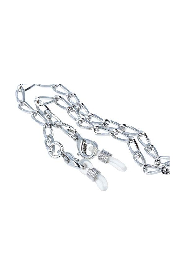 Pricon Sorrento Chaîne à lunettes gourmette en métal robuste avec boucle en caoutchouc et stoppeur ovale argenté 