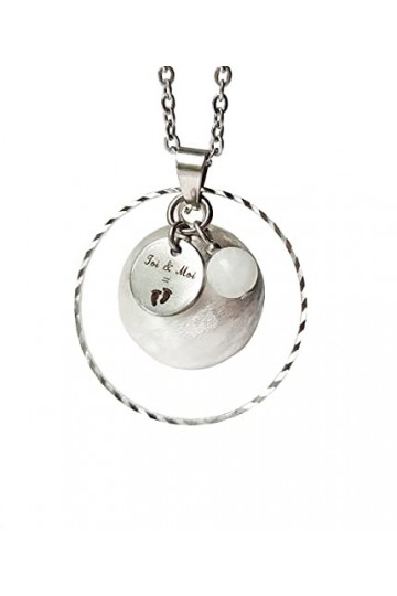 Bola de grossesse cerclé personnalisable, bille musicale argent brossé, pierre de lune, chaîne acier inoxydable médaille"Toi 