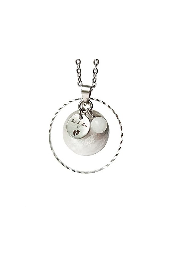 Bola de grossesse cerclé personnalisable, bille musicale argent brossé, pierre de lune, chaîne acier inoxydable médaille"Toi 