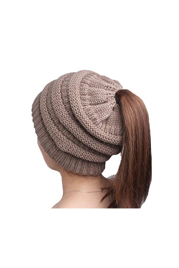 Jixin4you Enfant Bonnet Tricot Chapeau Queue de Cheval Hiver Chaud Beige