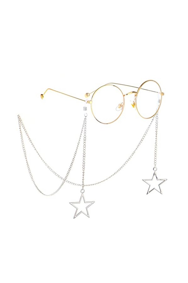 OQHAIR Cordon de lunettes en métal avec pendentif cinq étoiles en argent Chaîne de lunettes faite à la main Couleur : Argent
