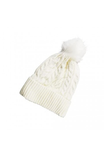 AUFIKR Bonnet en tricot souple pour femme - Double couche en polaire avec pompons, blanc, M/L