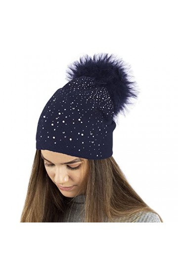 TOSKATOK Ladies Fine Knit Winter Beanie Hat with Diamante Glitter Applique and Large Faux Fur Pompom-2