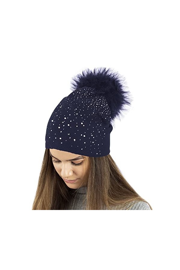 TOSKATOK Ladies Fine Knit Winter Beanie Hat with Diamante Glitter Applique and Large Faux Fur Pompom-2