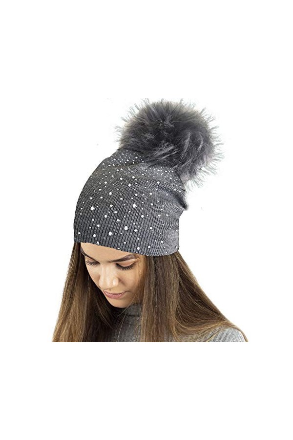 TOSKATOK Ladies Fine Knit Winter Beanie Hat with Diamante Glitter Applique and Large Faux Fur Pompom-2