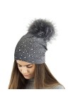 TOSKATOK Ladies Fine Knit Winter Beanie Hat with Diamante Glitter Applique and Large Faux Fur Pompom-2