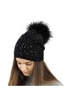 TOSKATOK Ladies Fine Knit Winter Beanie Hat with Diamante Glitter Applique and Large Faux Fur Pompom-2