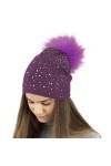 TOSKATOK Ladies Fine Knit Winter Beanie Hat with Diamante Glitter Applique and Large Faux Fur Pompom-2