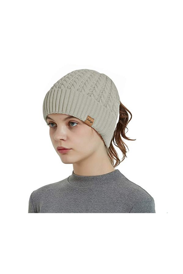 Aurya Bonnet en tricot pour femme avec queue de cheval - - Taille Unique