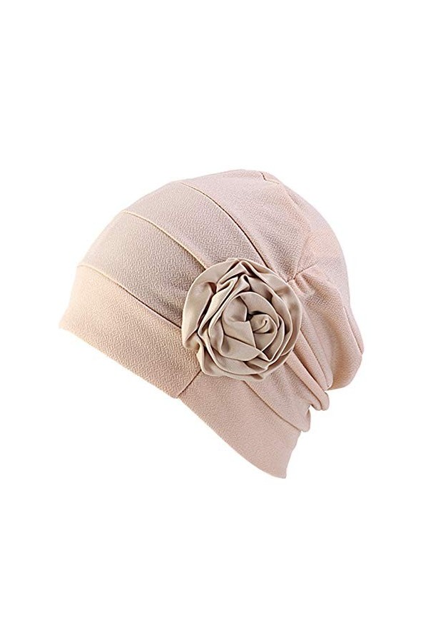 DuoZan Bonnet chimio Turban fleur bonnet plissé pour perte de cheveux contre le cancer - beige - Taille unique