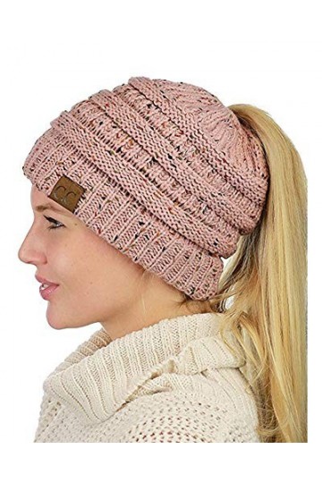 ZiXing Automne Hiver Bonnet en Tricot avec Trou pour Queue de Cheval Beanie Chapeau Rose OneSize