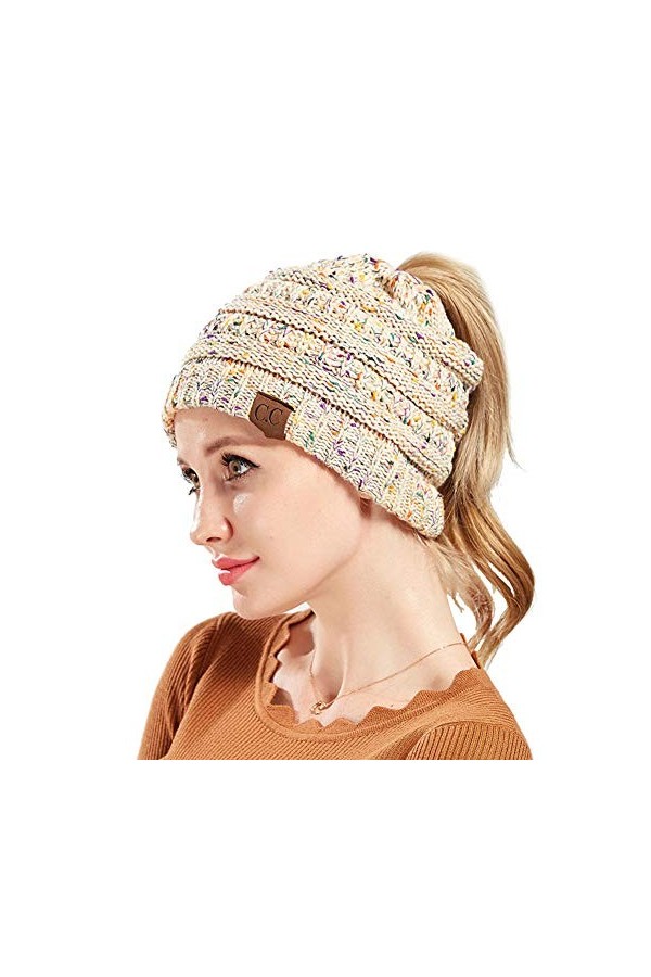 ZiXing Automne Hiver Bonnet en Tricot avec Trou pour Queue de Cheval Beanie Chapeau Rose OneSize